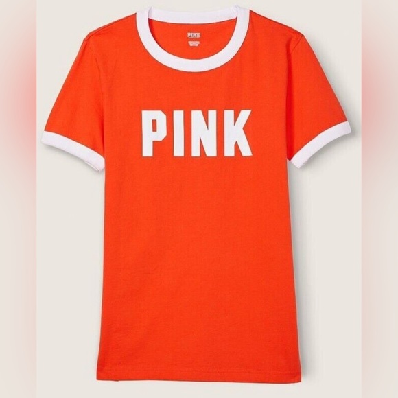 Victorias Secret Orange & White PINK Logo Crew Neck T-Shirt Size XS NWOT - Picture 4 of 12
